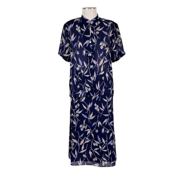 Pendleton Midi Skirt Suit Size 10 Lightweight Floral Navy Button Front Blouse - Picture 1 of 11